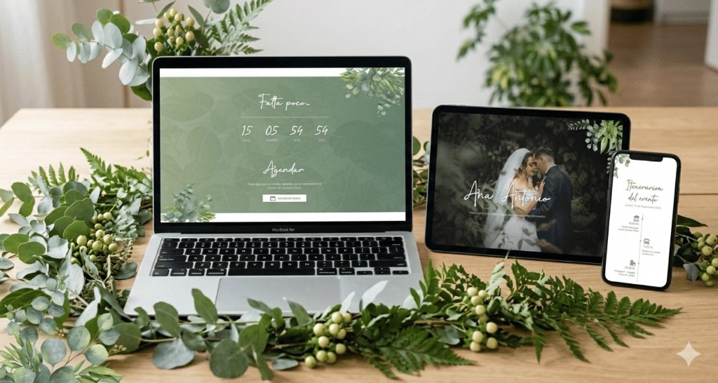 Digital wedding invitation on laptop, tablet and phone