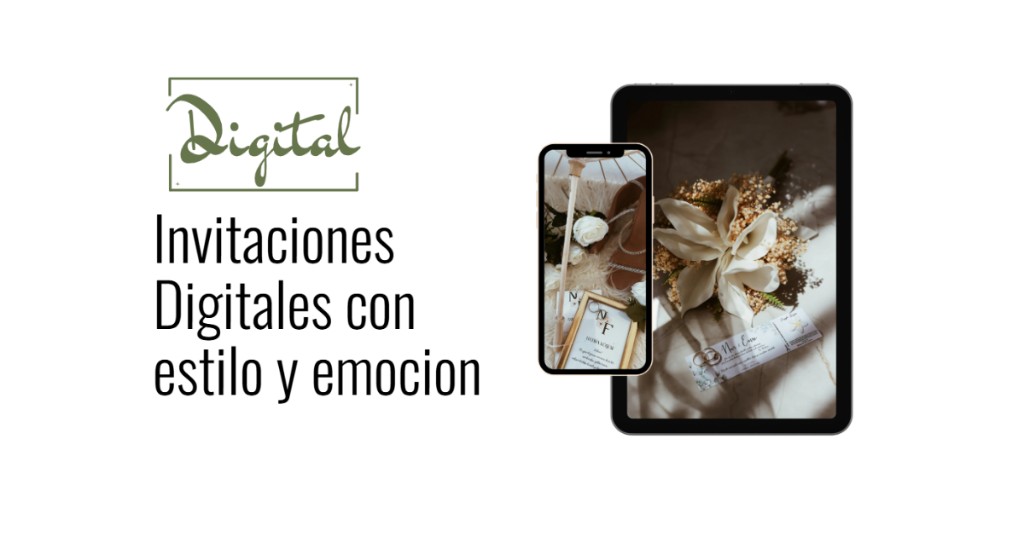 Invitaciones Digital brand with phone and tablet mockups